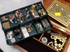 A wooden jewellery box, small amount of contents together with a collection of military buttons &