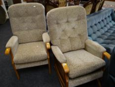 A beech wood upholstered upright armchair together with a similar rocking chair