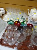 Two trays of various drinking glasses including vintage coloured glass, champagne bowls, hock