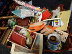 Crate of various household items including umbrellas, walking stick, place mats, ornaments etc