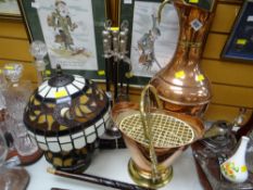 A Tiffany-style table lamp, copper urn & bucket, companion set