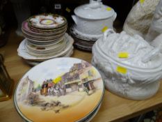 Five Royal Doulton series plates including Wolsey, The Squire and old English coaching scenes
