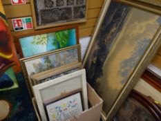 Box of framed crosstitch & tapestry works together with framed oils on board