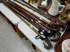 A parcel of various walking sticks & canes, some with hallmarked silver banding & finials