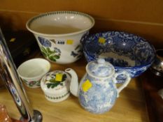 A Portmeirion 'Botanic Garden' planter / bowl together with a ramekin & scented candle, blue & white