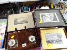 A cut glass & wood desk stand together with three framed prints