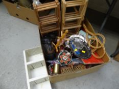 A box of various vintage household items including wine racks, carpet beater, cafetieres etc