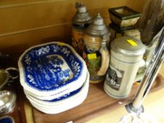 Collection of continental steins, Spode 'Blue Tower' dishes, ceramic elephant