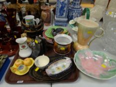 Tray of mixed china including marble bookends, Sylvac twin-handled bowl, Beswick-ware, ewer etc