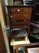 An Edwardian mahogany & inlaid music cabinet together with a modern square glass topped side table &