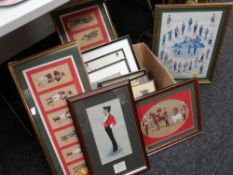 A box of framed military uniform prints together with military photographs