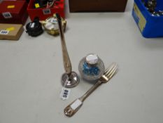 Hallmarked silver topped jar, fork & white metal bud vase