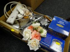 Box of various household items including shoe stretchers, torch, Polaroid instant camera etc