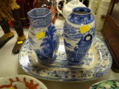 A possibly Swansea blue & white platter, two Staffordshire vases & a selection of Chinese vases &