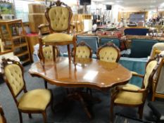 Reproduction shaped top with glass pedestal dining table with six matching upholstered chairs (4+2)