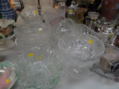 Parcel of pressed & cut glass, mainly bowls, vases together with an EPNS topped claret jug