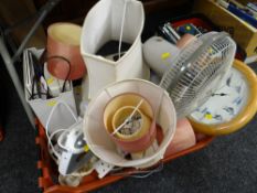 Crate of various electricals including table lamps, fan, paper shredder, Roberts radio etc E/T