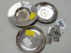 Hallmarked silver Royal wedding pin dish, two Hong Kong sterling silver one dollar dishes, two
