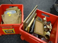 Two tubs of various glassware & ornaments, fishing bag with weights & floats