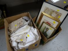 A box of various mainly table linen & small parcel of framed prints together with a modern gilt
