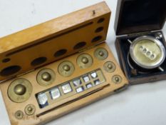 A cased set of weights together with a flow metre