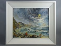 R A BLUNDEN oil on board - rocky coastal scene with figure fishing and boy flying a kite, signed and