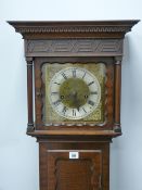 A NEAT MAHOGANY EARLY 20th CENTURY GRANDMOTHER CLOCK, the single door hood with Greek Key and