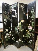 A 20th CENTURY FOUR FOLD LACQUERWORK & PAINTED DRESSING SCREEN, the pattern in the style of inset