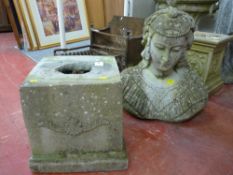 A RECONSTITUTED STONE GARDEN BUST on associated plinth in the style of a Persian type goddess, 99