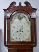 A GOOD ROLLING MOON MOVEMENT OAK & MAHOGANY LONGCASE CLOCK, the hood with broken swan neck