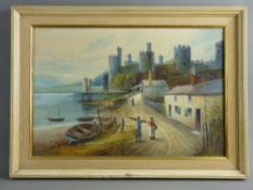 A MILTON DRINKWATER watercolour - Quayside scene by the Old Custom House with figures on the lane,