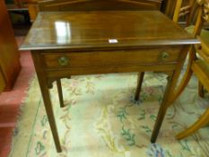 AN EDWARDIAN INLAID MAHOGANY SINGLE DRAWER SIDE TABLE, the railback and top and with boxwood inlay