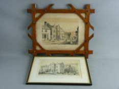 A RUSTIC WOODEN FRAMED LITHOGRAPH of 'Plas Mawr or The Great Mansion', 27 x 36 cms and another