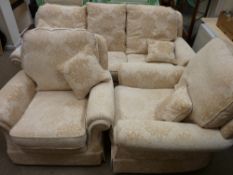 A BRIDGECRAFT QUALITY THREE PIECE LOUNGE SUITE comprising three seater settee and two armchairs,