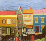 A VICTORIAN MATERIAL SCRAP PANEL with figures in a street, framed, 48 x 53cms