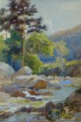 W MATHIESON watercolour - river scene with trees, entitled verso '....Castle, Devon', 26 x 17cms