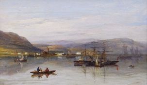 WILLIAM PITT (1853 - 1890) oil on canvas - busy maritime scene near Swansea, South Wales, title to