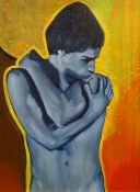 JOHN CHERRINGTON oil on panel - three quarter life-study of a man with arms crossed over