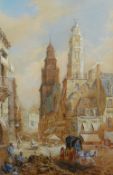 FREDERICK TULLY LOTT (fl. 1849 - 1910) watercolour - ancient French market town with horse and cart,