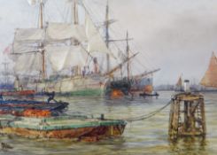 ARTHUR WILDE PARSONS (British, 1854-1931) watercolour - busy harbour scene with large sailing