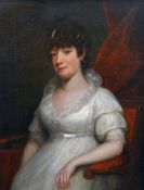 NINETEENTH CENTURY ENGLISH PORTRAITIST oil on canvas - three quarter portrait of a lady, inscribed