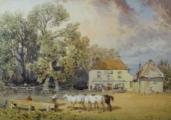 NINETEENTH CENTURY ENGLISH SCHOOL watercolour - horses and figures before a coaching inn,
