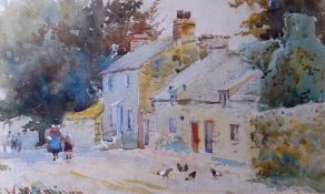 W MATHIESON watercolour - farmstead with figures and poultry, entitled verso 'Cliff Castle,