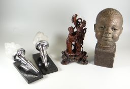 A PAIR OF CHROME TORCH LIGHT-SCONCES on wooden mounts, 26cms high together with an Oriental carved