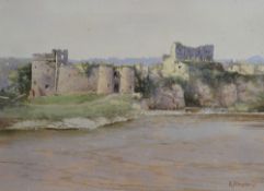 EDGAR J MAYBERY unframed watercolour on a card mount - Chepstow Castle, signed & entitled, 20 x