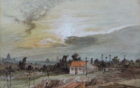 THOMAS LINDSAY (1793-1861) watercolour - figure and building with distant town, dated 3 June 1831,