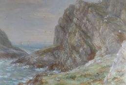 JAMES HARRIS watercolour - gulls and grazing sheep on cliffs with sailing-boats beyond, signed, 35 x