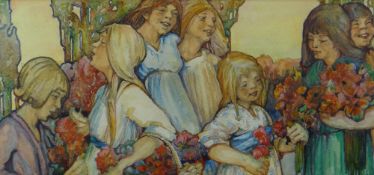 BRITISH SCHOOL monogramed 'RW' Art Nouveau watercolour - seven cheery girls picking flowers,