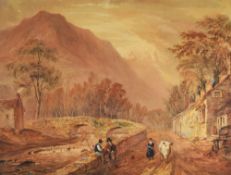 NINETEENTH CENTURY ENGLISH SCHOOL watercolour - historical view of Beddgelert with figures and a co