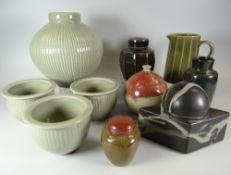 TEN VARIOUS STUDIO POTTERY ITEMS tallest vase 21cms high